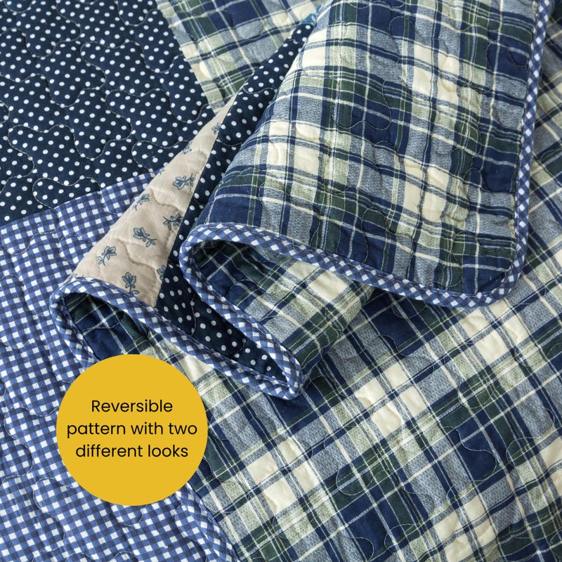 SLPR Blue Symphony Cotton Pieced Quilt Set - Twin with 1 Sham, Farmhouse Patchwork Quilted Bedspread with Check and Plaid Pattern, Lightweight and Cozy Country Checkered Bedding - Image 5